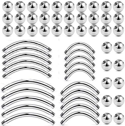 LAURITAMI 60pcs Bolas de Piercing Reemplazo 16G 14G Barbell Curvado Barra Labio Ceja Ombligo 8-12mm Acero Quirúrgico Plata Joyas Piercing del Cuerpo