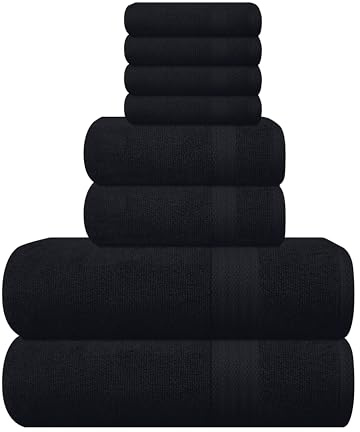 GLAMBURG Ultra Soft 8-Piece Towel Set - 100% Pure Ringspun Cotton, Contains 2 Oversized Bath Towels 27x54, 2 Hand Towels 16x28, 4 Wash Cloths 13x13 - Ideal for Everyday use, Hotel & Spa - Black