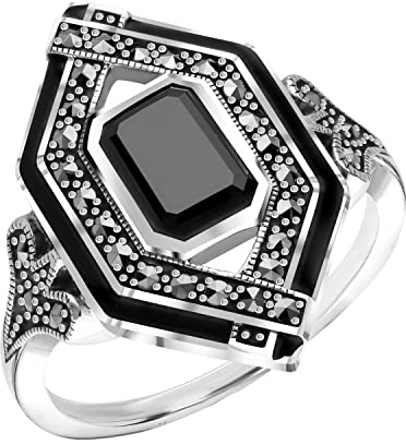 Esse Marcasite Sterling Silver Black Spinel Marcasite & Black Enamel Art Deco Ring, Gemma, Spinelle