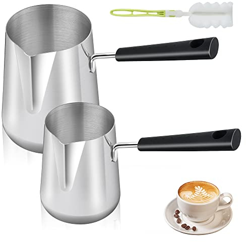 Elesunory Set of 2 Milk Warmer Pot, 11.83 oz/30.43 oz Turkish Coffee Pot, Stainless Steel Butter Warmer with Pouring Spout, Butter Warmer Pot for Making Coffee, Butter, Milk and Chocolate
