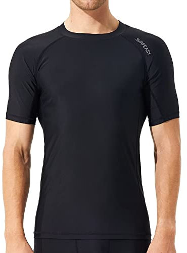 SURFEASY Rash Guard Hemd Kurzarm Schwimmen Surfen Tops Schwimm Shirt Tshirt Herren Schnelltrocknend Badeshirt(Schwarz,M)