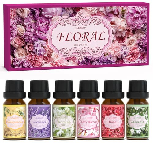 SALUBRITO Floral Fragrance Oils Set, Essential Oils for Diffuser & Candle Making Scents, 6x10ml Aromatherapy Oils Gift Set - Jasmine, Lavender, Rose, Gardenia, Cherry Blossom, Honeysuckle Oil
