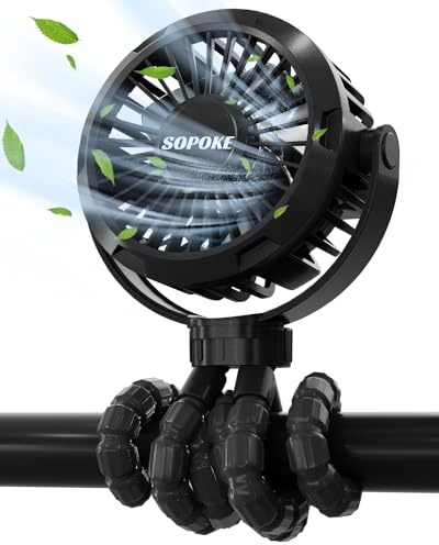SOPOKE Mini ventilador portátil para cochecito de bebé, ventilador de mano personal de 3 velocidades, funciona con pilas, recargable, trípode flexible de 360°, adecuado para asiento de coche, cuna,