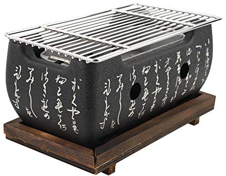 WOOXGEHM Japanese BBQ Grill, 9.4x6.1x4.5 Inch Portable Rectangular Charcoal Grill with Stainless Steel Grill Mesh and Insulated Wooden Tray, Tabletop Home Grilling Tools