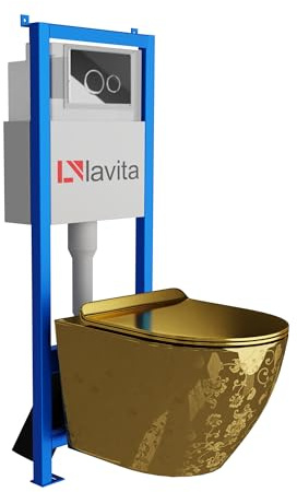 Lavita LAV 101 élément de fond pour WC 40cm + WC suspendu mural à fond plat SOFI SLIM GOLDEN EYE sans rebord + Plaque de commande LAV 200.4.2 chromé | Ensemble complet | Boîte à eau encastrée |
