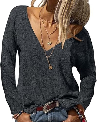Fisoew Maglia da donna a maniche lunghe basic con scollo a V, a maniche lunghe, sexy