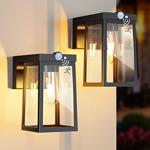Woolmug 2 Pack Solar Wall Lights Outdoor Motion Sensor, Vintage Solar Front Door Light with 2 Modes, Glass Porch Lights Outdoor Lanterns Waterproof for Yard Garden Fence (Warm White)