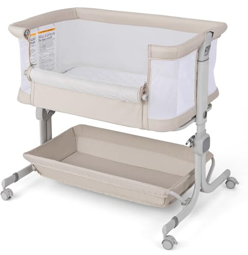 COSTWAY Culla Neonato con Matterasso, Culla Next to Me Piechevole con Altezza Regolabile a 6 Livelli, Lettino Bambino con Mensola Portaoggetti, Borsa da Trasporto, per Bambini 0-6 Mesi (Beige)