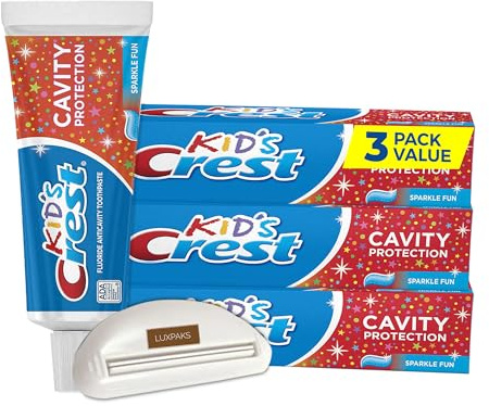 CRST Zahnpasta für Kinder, Hohlraumschutz, Sparkle Fun Flavor, 130 ml, 3 Stück, gebündelt mit LUXPAKS Squeezer