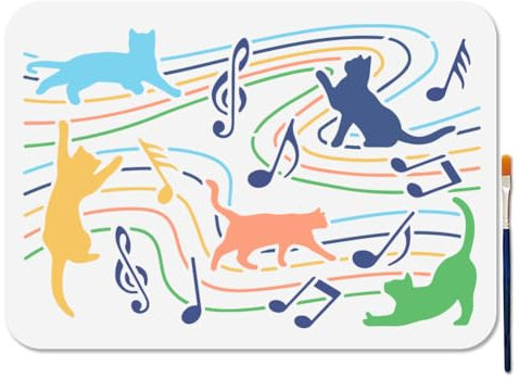MAYJOYDIY Noten Musikkatzen Schablone 29.7×21cm Musiknoten Malschablonen Mit Pinsel Wiederverwendbare Tierelement Vorlage Zum Malen Für Holz Wände Fenster Heimwerker Dekoration