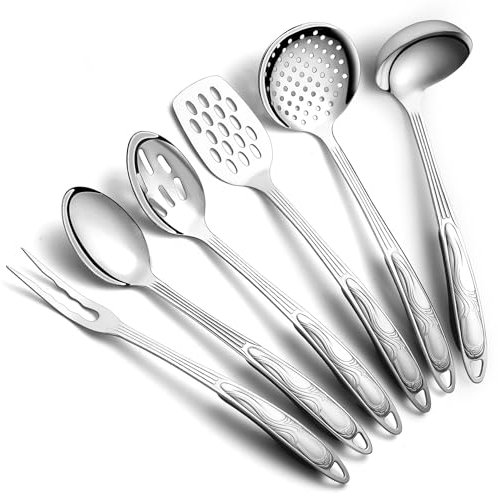 Berglander Set di utensili da cucina in acciaio inossidabile 6 pezzi, gadget da cucina includono set di spatole in metallo, schiumatoio, mestolo, cucchiaio da portata, schiumarola, forchetta