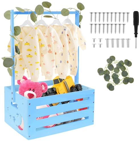 Babysäng av trä, korg med handtag, babykorg för nyfödda med gröna klätterväxtgrenar, skötkorg, barndusch, trälådor, graviditetspresenter för nya föräldrar (blå)