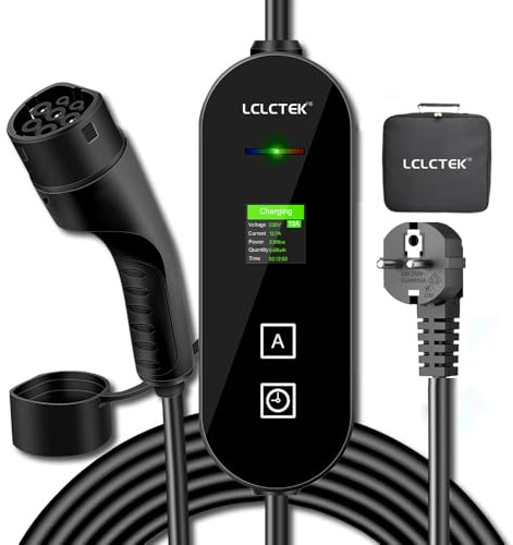 LCLCTEK® Portatile Cavo Ricarica auto Elettrica Tipo 2 Schuko [3,68kW | 8~16A],Colonnina Ricarica Auto Elettrica Tipo 2 con LCD Digitale, Cavo di Ricarica Auto Elettrica e Ibrido IEC 62196-2 (5M)