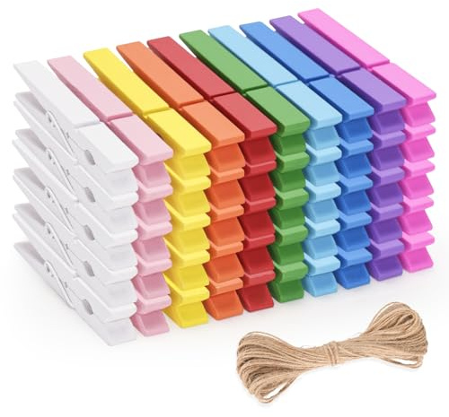 jijAcraft Pinzas de madera multicolor de 7 cm: pinzas de madera grandes para colgar fotos, 50 unidades con cuerda de yute de 10 m para manualidades infantiles, para decoración de cumpleaños