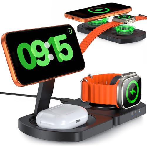 EGV Wireless Charger for iPhone, 3-in-1 Magnetic Charging Station for Apple, MagSafe Charger Stand for iPhone 17 Air 16 15 14 13 12 Series, Airpods Pro, Apple Watch Ultra, Foldable, No Adapter, Black