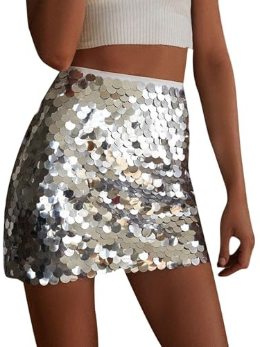 duaicnvow Tutu kjol för kvinnor glittrande bodycon party klubb nattkläder glitter semester middag datum kjol blommig A-linje för semester lediga utflykter, SILVER, S