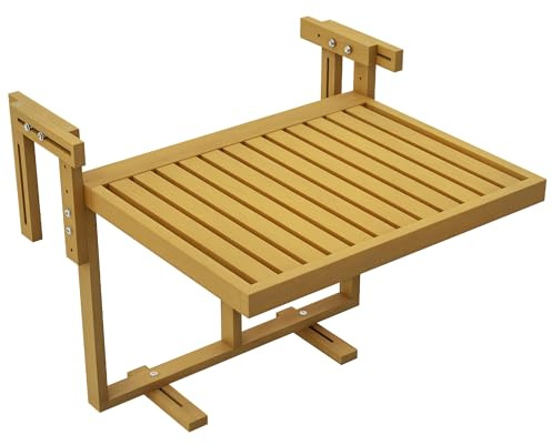 Outsunny Tavolino da Balcone Pieghevole Regolabile in Altezza 40.5-55cm, Tavolino da Ringhiera in Legno di Pino, Uso Esterno e Interno per Balcone, Color Legno