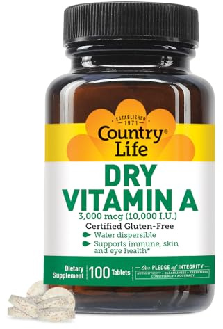 Country Life Vitamin A 10,000 IU - Immune Support, Skin & Eye Health Supplement, Certified Gluten-Free, Vegan, Halal, Kosher, 50% Beta-Carotene & 50% Retinyl Palmitate, Easy Absorption - 100 Tablets