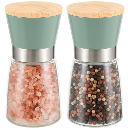 VUCCHINI Salt and Pepper Grinder Set Bamboo Lid- Adjustable Coarse Salt and Pepper Mills - Refillable Ceramic Burr Kitchen Gift Manual Salt Pepper Shakers Green