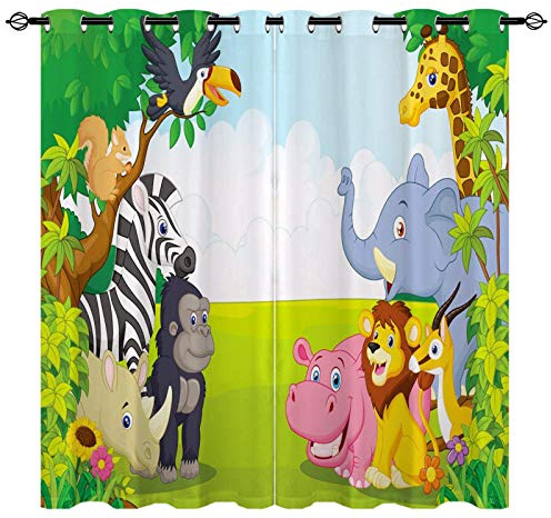 YUANZU Rideaux Occultants Enfants - Motif 3D Animaux Jungle/Zoo Familial - Isolation Noire Imprimée avec Œillets Thermiques pour Chambre/Nurserie - 2 Panneaux L117 x H137cm