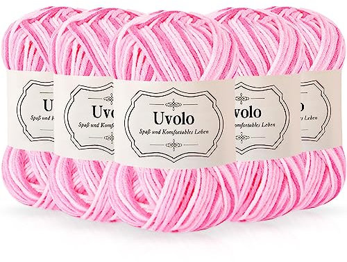 Uvolo Handstickgarn, färggradient 250 g set (5 x 50 g), 100 % akrylgarn i 40 färger, virkgarn, färgglatt regnbåge, färgat garn för stickning virkning och pyssel– 33 rosa vit