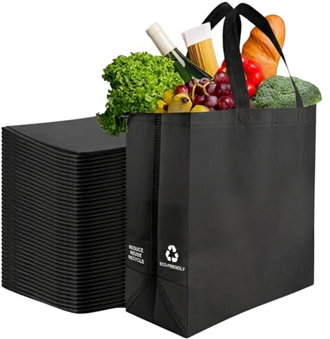 Simply Cool 50 Pack Black Reusable Eco-Friendly Large Grocery Shopping Bags 14.5x14x6.6 Durable Recyclable Washable Foldable Portable Tote Bags Bulk