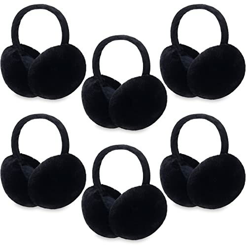 Jecery 6 Pairs Winter Ear Muffs for Women Girls Faux Fur Furry Earmuffs Soft Foldable Ear Covers Warmer (Black)
