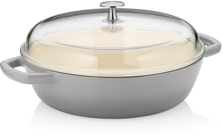 kela Schmorpfanne 28 cm hoher Rand CALIDO, Gusseisenpfanne Induktion mit Glasdeckel 3,8 l, Pfanne Gusseisen emailliert, hellgrau