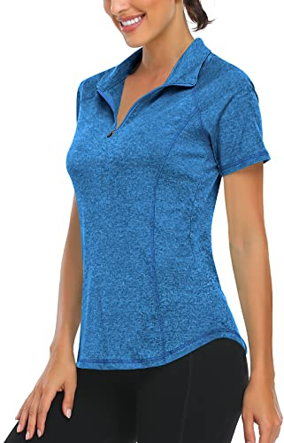 Women's Golf Clothing, Short Sleeve Polo Shirts Women 1/4 Zipper Collared Sports Tops Golf Polo Shirts Casual Workout Gym Running Hiking Tennis Yoga Tops Dark Blue