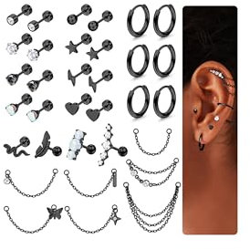 Chriscoco 33Pcs Helix Piercings 𝐂𝐡𝐢𝐫𝐮𝐫𝐠𝐞𝐧𝐬𝐭𝐚𝐡𝐥 Piercing Ohr Tragus Piercing Ohrstecker Gold/Silber/Schwarz Damen Creolen Ohrringe mit Kette Conch Daith Tragus Knorpel Piercing Set