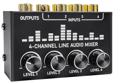 Aveek Mini Mixer, 4-Channel Passive Stereo, RCA Inputs and Outputs, Individual Volume Controls, 1 Input 4 Output Stereo Distributor,CX400 Black Metal Case