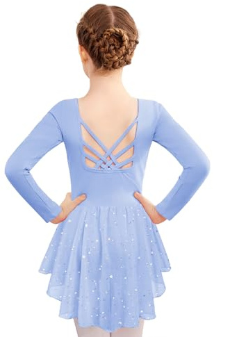 Zaclotre Girls Ballet Leotards Toddler Long Sleeve Crisscross Back Dance Dress Outfit with Shiny Skirt Blue 6-7Years