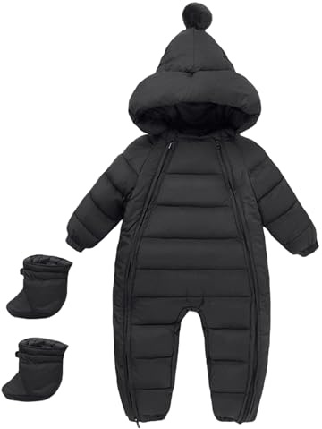 Maeau Bébé Combinaison de Neige 6-12 mois Snowsuit Bébé Garçon Fille Manteau Barboteuse à Capuche Chaud Body Bébé Hiver Noir avec Chaussures