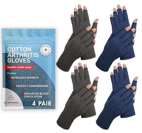 Dr. Arthritis Guanti per Artrosi alle Mani – Guanti senza Dita a Compressione per Tunnel Carpale e Sindrome di Raynauds – (4 Paia, Grigio e Blu, Taglia M)