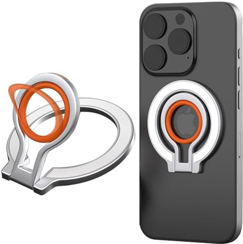 Ysnzaq Telefonring med dubbla magnethållare kompatibel med MagSafe, bärbar 360° justerbar telefonringhållare med silikonhandtag för iPhone, Samsung.8D vit orange
