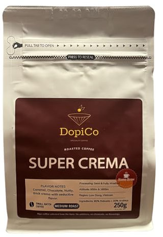DopiCo Super Crema – Café vietnamita en grano, tueste medio, 250g – Sabor intenso a chocolate y frutos secos – Café artesanal 100% natural