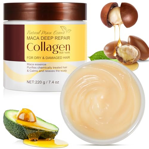 Colágeno Mascarilla Pelo, Esencia de Crema nutritiva para el Cabello,Hidratación intensa, Cabello Seco y Dañado,Reparación del Cabello Teñido Iluminar el cabello, Todo tipo de Cabello 220g