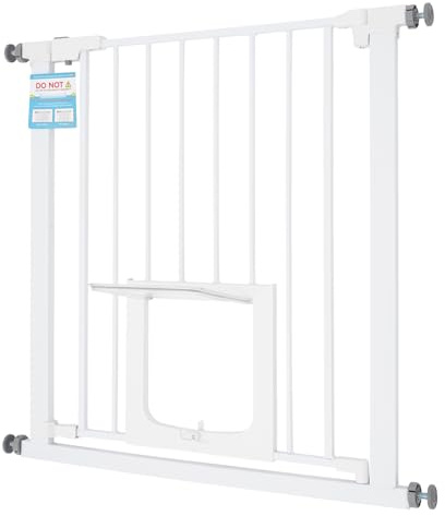 Babysäkerhetsgrind med kattlucka (76 cm) – utbyggbar från 75–82 cm, dubbellåsning och 180° svängdörr, ABS/kolstål för trappor/dörrar, inkl. 2 förlängningar (vit)