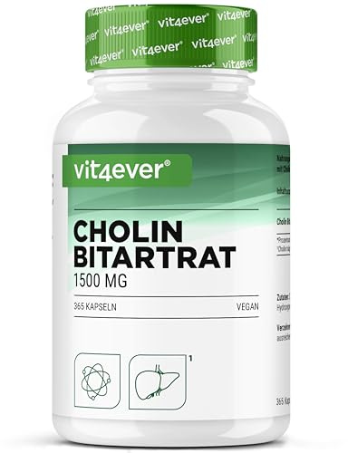 Cápsulas de colina – 365 cápsulas con 1500 mg de bitartrato de colina por dosis diaria – más de 6 meses de suministro – hígado, homocisteína y metabolismo de las grasas – natural, alta dosis, vegano