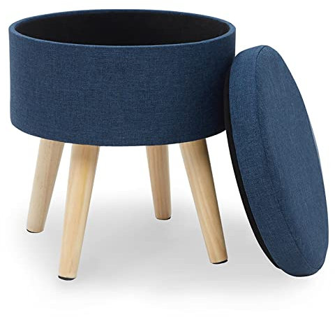 Moderno puf redondo de lino con charola con patas de madera multifuncional y tapizado para sala de estar, baño, maquillaje, otomana de almacenamiento azul.