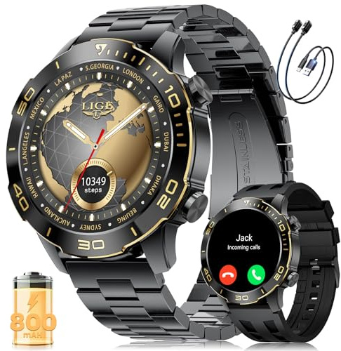LIGE Orologio Smartwatch Uomo, 1.43 AMOLED Smart Watch con 24/7 Frequenza Cardiaca, SpO2, Durata del sonno, Impermeabile IP68, 170+ Sports, 300+ Quadranti, Cassa Nera con Indici Oro
