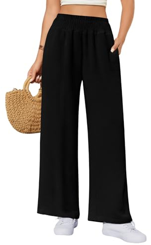 HEEKPEK Pantaloni Donna Estivi Leggeri Pantaloni Comodi Larghi Casual Elastico Vita Alta Solido Sciolto Lunghi Palazzo Pantaloni Gamba Dritta Casual Spiaggia Jogging con Tasche (Nero, XXL)