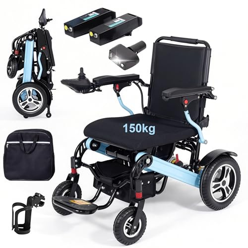 WEYRAL Sedia a rotelle elettrica pieghevole, leggera, portata 150 kg, portata 48 km sedia a rotelle elettrica, motori doppi 700 W, seduta larga 50 cm, con porta bevande e illuminazione a LED USB