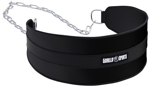 GORILLA SPORTS® Dip Gürtel - mit Stahlkette und 2 Karabiner, bis 100 kg Belastbar, Nylon, Schwarz - Gewichthebergürtel, Gewichtsgürtel, Dip-Gürtel, Dip Belt, Taillengürtel, Gewichtheben