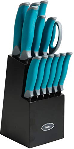 Oster 81007.14 Lindbergh 14 Piece Stainless Steel Cutlery Set Black Block With Sharpener, Teal Handle Kitchen Knives Set,Teal/Black