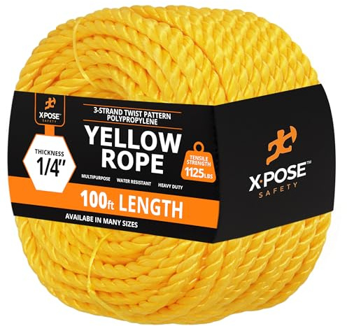 Yellow Twisted Polypropylene Rope, 1/4 Thickness x 100' Length Heavy Duty Poly Ropes for Outdoor and Marine Use, Yellow Rope for Visibility & Safety