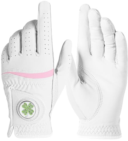 Womens Golf Glove with Clover Ball Marker 1 Pack, All Weather Grip Microfiber & Leather Gloves for Ladies, Comfortable Breathable Fit for Left Hand or Right Hand in White Pink (White, Small, Left)
