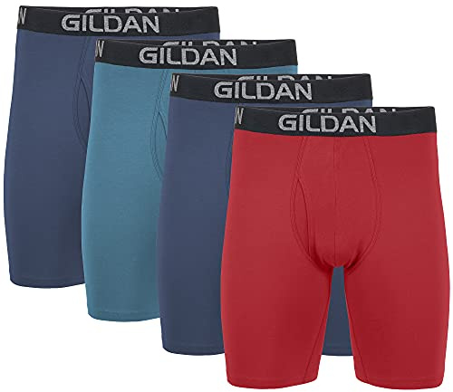 Gildan Men's Underwear Cotton Stretch Boxer Briefs, Multipack, Blue Cove/Hawaiian Blue/Heather Red Mark (4-Pack), Large