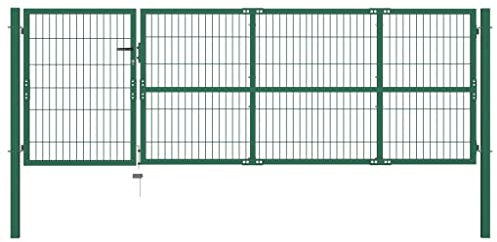 JUNZAI Gartentor mit Pfosten, Gartentür, Gartentüren, Gartenzaun Tür, Zauntür, Zauntor, Flügeltore, Garten Türe, 350 x 100 cm Stahl Grün