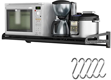 Rostfreier Stahl Mikrowellenherd Halterung,Wandregal Mikrowelle for Gerät Küche, Küchenregalhalter Schwarz,Mikrowellenständer Metall Gewürzregal, Backofenrost Brotständer, Mit 5 Haken,Schwarz Mikrowel